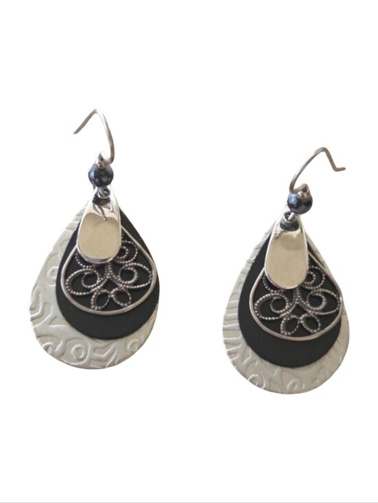 Jewelry - ​Mixed Metal Silver & Black Filigree Teardrop Dangle Earrings